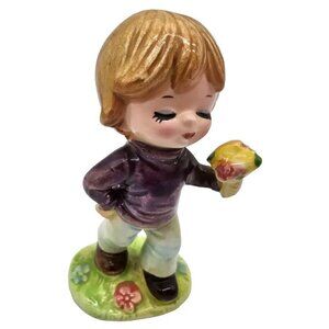 Vintage Napcoware 4" Figurine Little Boy With Flowers Kitschy Sweet Retro Japan